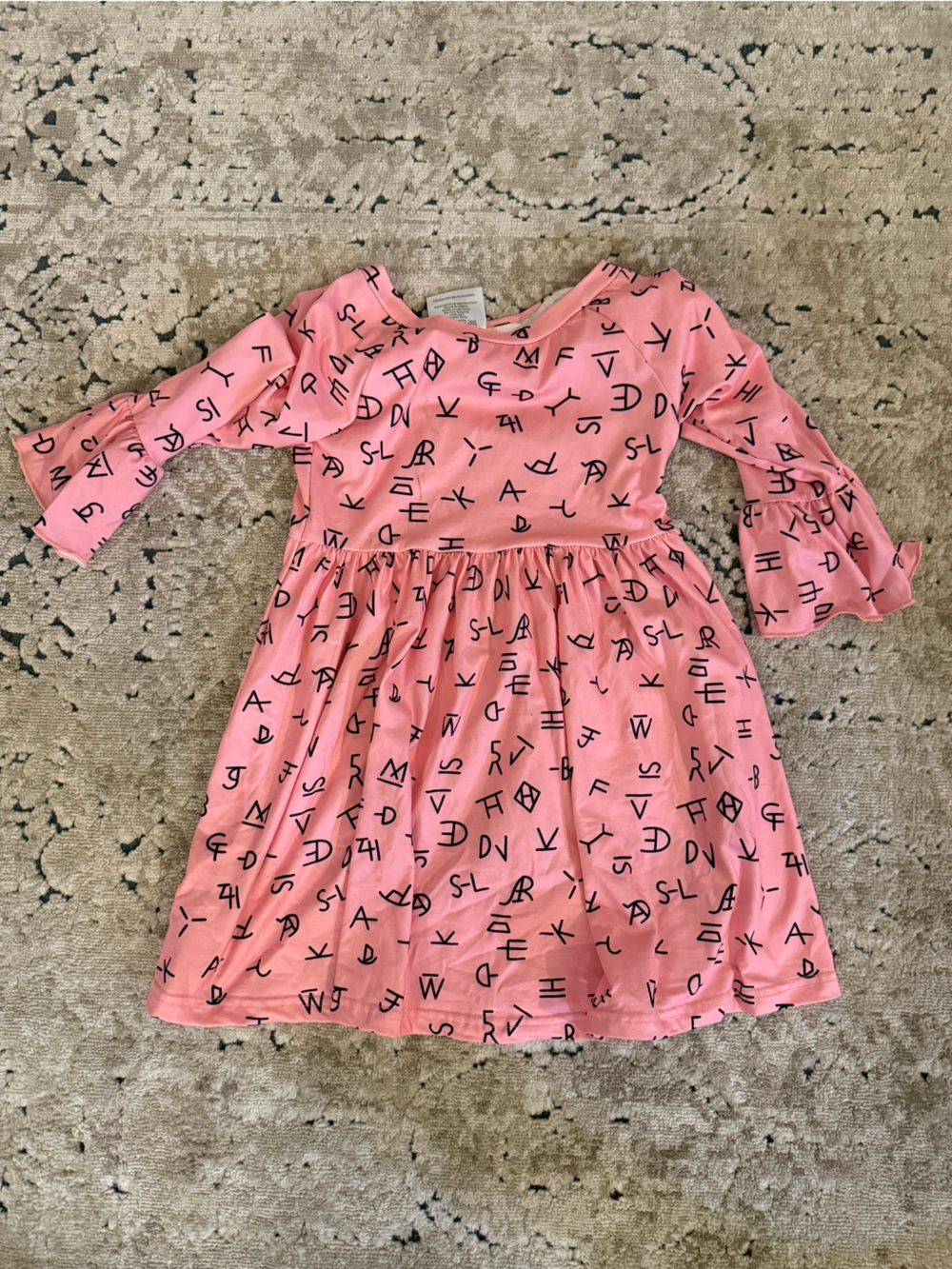Girls' Pink Alphabet Print Long-Sleeve Dress